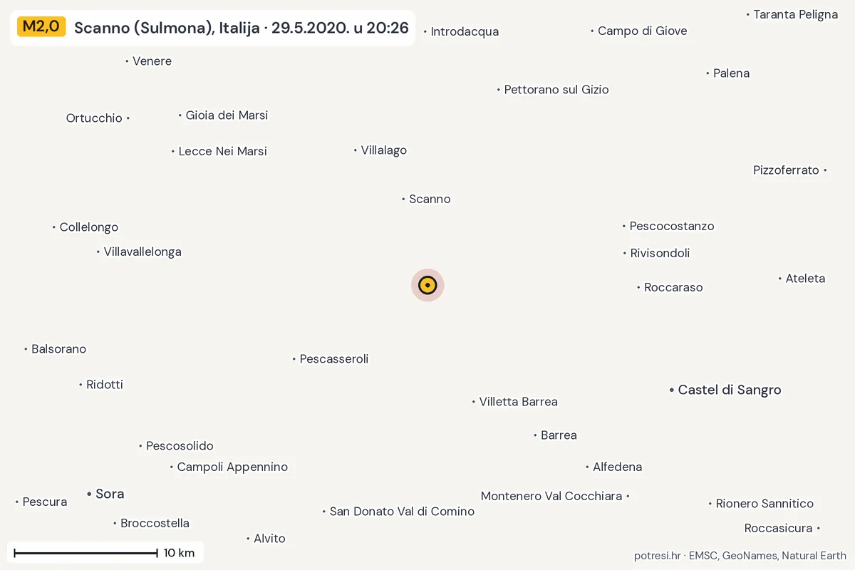 Karta: okolica epicentra, 60 km, potres M2,0, Scanno (Sulmona), Italija, 29.5.2020.