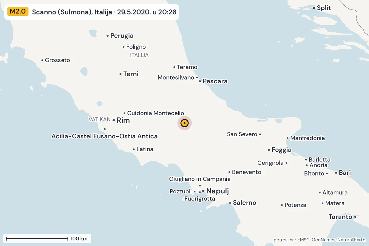 Karta: šire područje, 600 km, potres M2,0, Scanno (Sulmona), Italija, 29.5.2020.