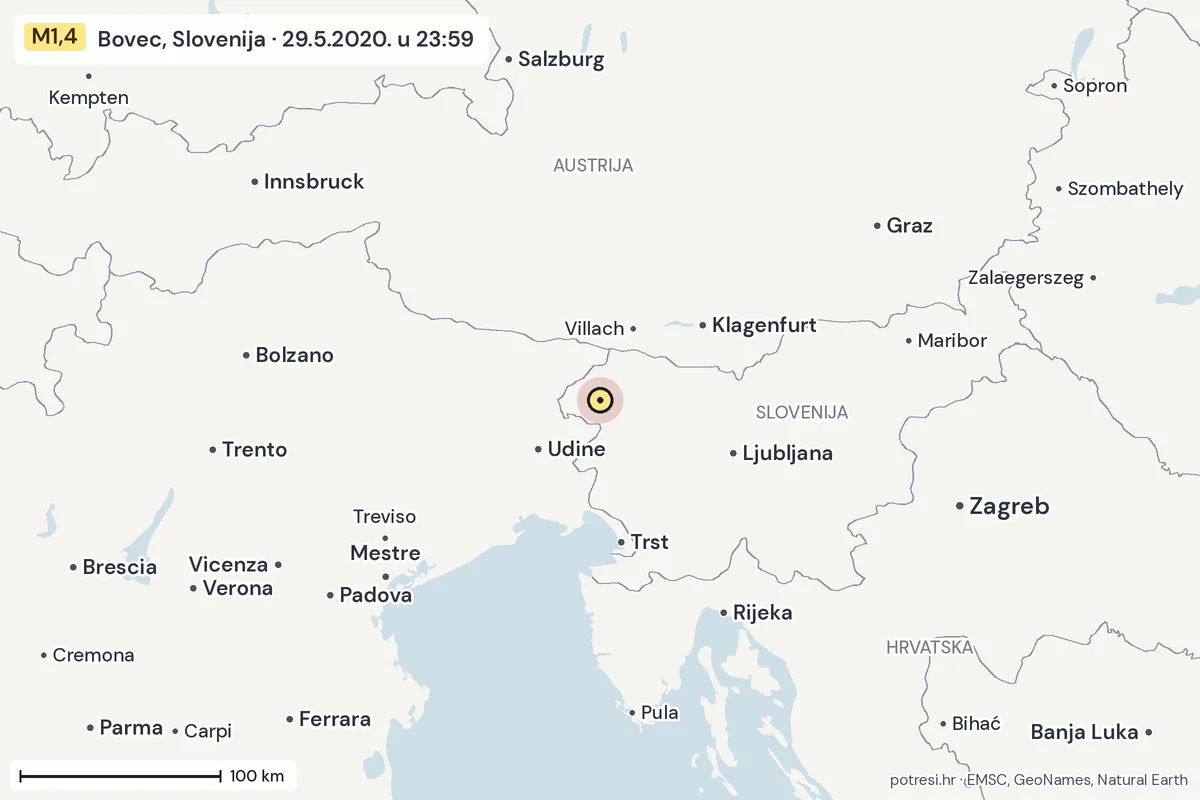 Karta: šire područje, 600 km, potres M1,4, Bovec, Slovenija, 29.5.2020.