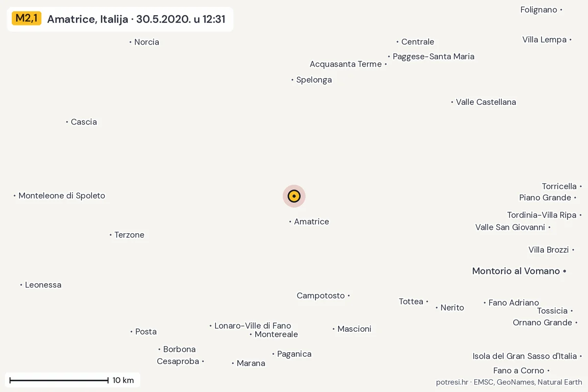 Karta: okolica epicentra, 60 km, potres M2,1, Amatrice, Italija, 30.5.2020.
