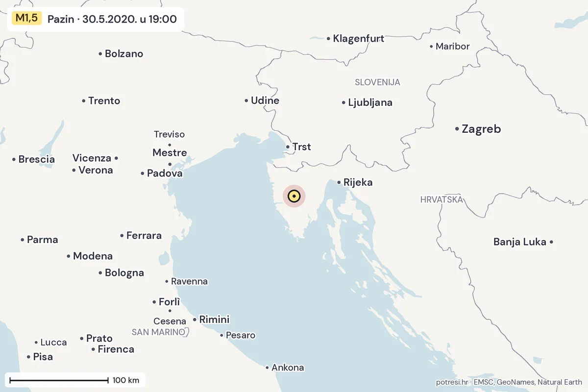 Karta: šire područje, 600 km, potres M1,5, Pazin, 30.5.2020.