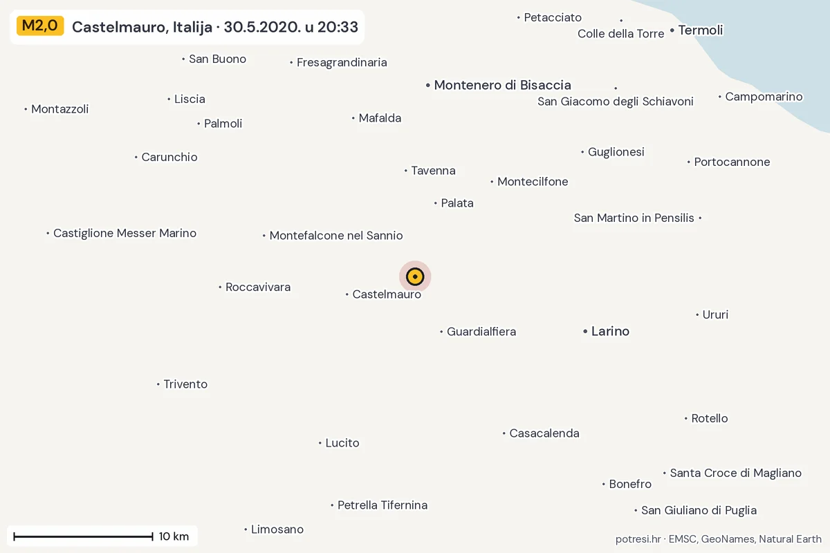 Karta: okolica epicentra, 60 km, potres M2,0, Castelmauro, Italija, 30.5.2020.