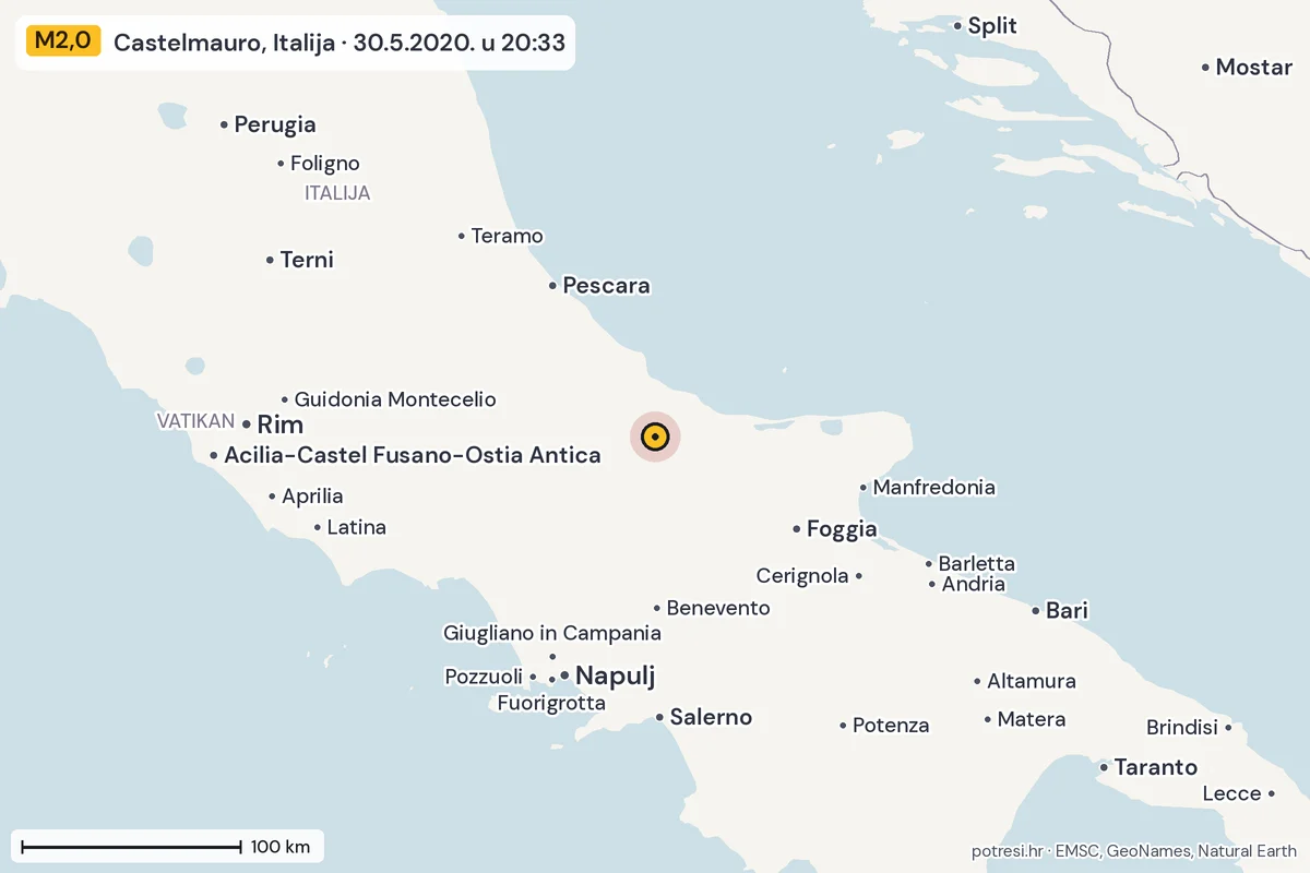 Karta: šire područje, 600 km, potres M2,0, Castelmauro, Italija, 30.5.2020.
