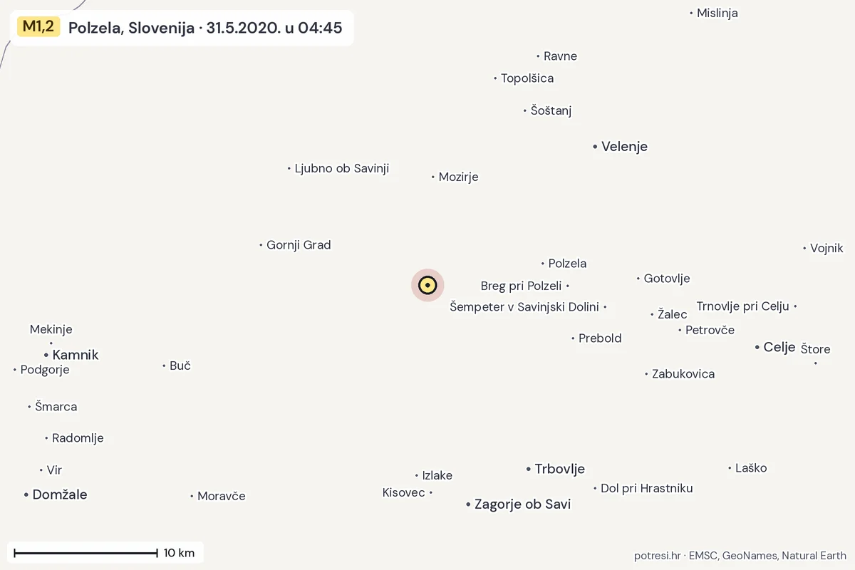 Karta: okolica epicentra, 60 km, potres M1,2, Polzela, Slovenija, 31.5.2020.