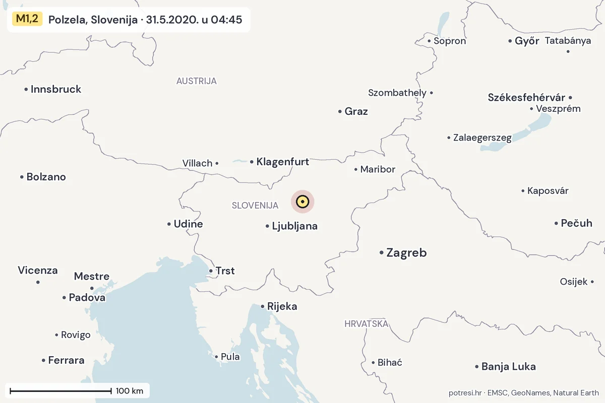 Karta: šire područje, 600 km, potres M1,2, Polzela, Slovenija, 31.5.2020.