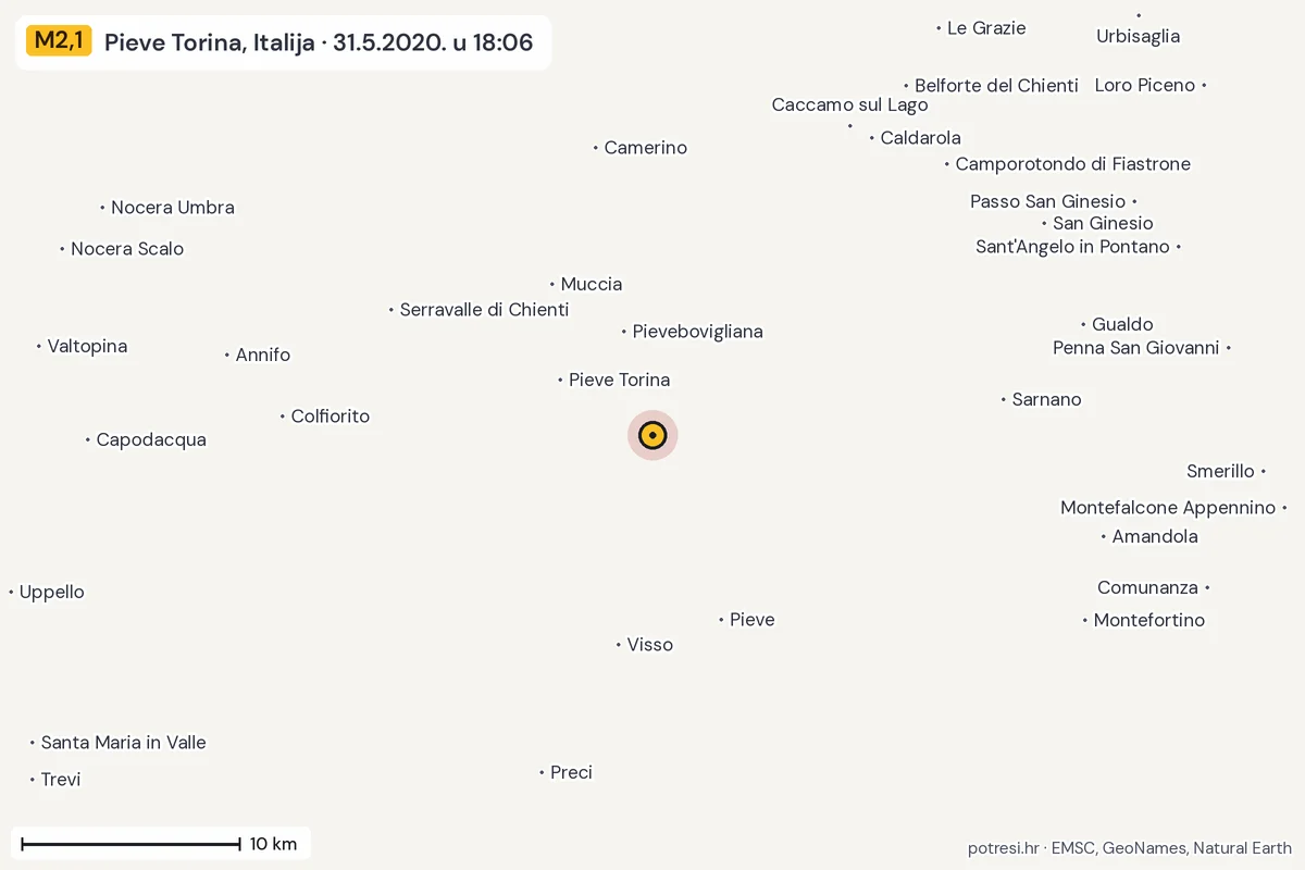 Karta: okolica epicentra, 60 km, potres M2,1, Pieve Torina, Italija, 31.5.2020.