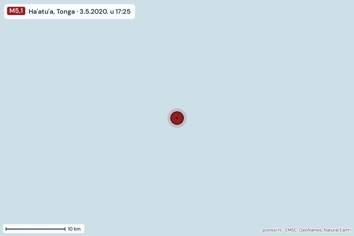 Karta: okolica epicentra, 60 km, potres M5,1, Ha'atu'a, Tonga, 3.5.2020.