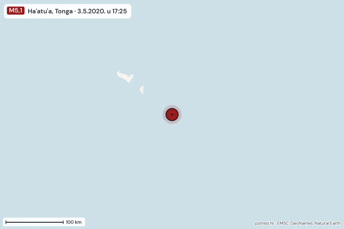 Karta: šire područje, 600 km, potres M5,1, Ha'atu'a, Tonga, 3.5.2020.