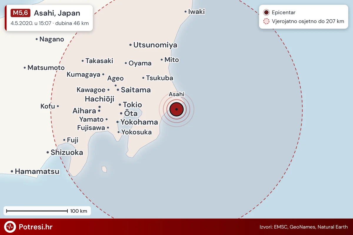 Karta: šire područje i vjerojatni doseg osjeta, potres M5,6, Asahi, Japan, 4.5.2020.