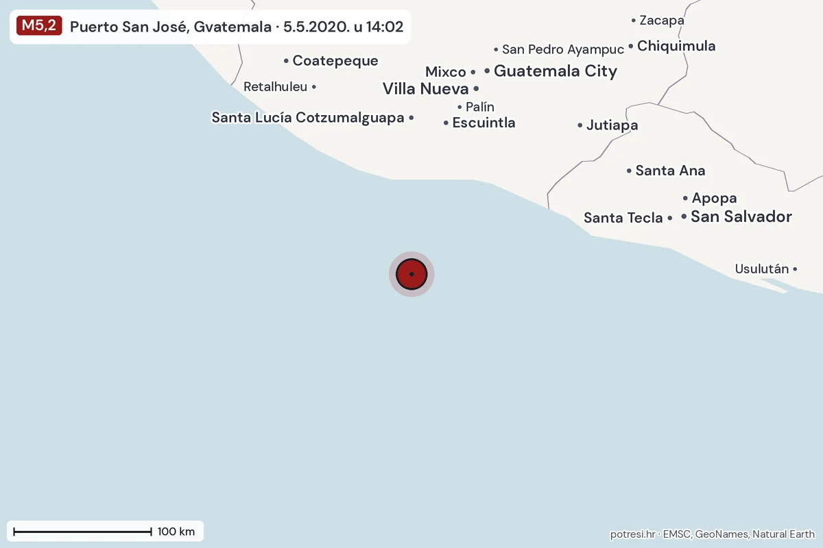 Karta: šire područje, 600 km, potres M5,2, Puerto San José, Gvatemala, 5.5.2020.