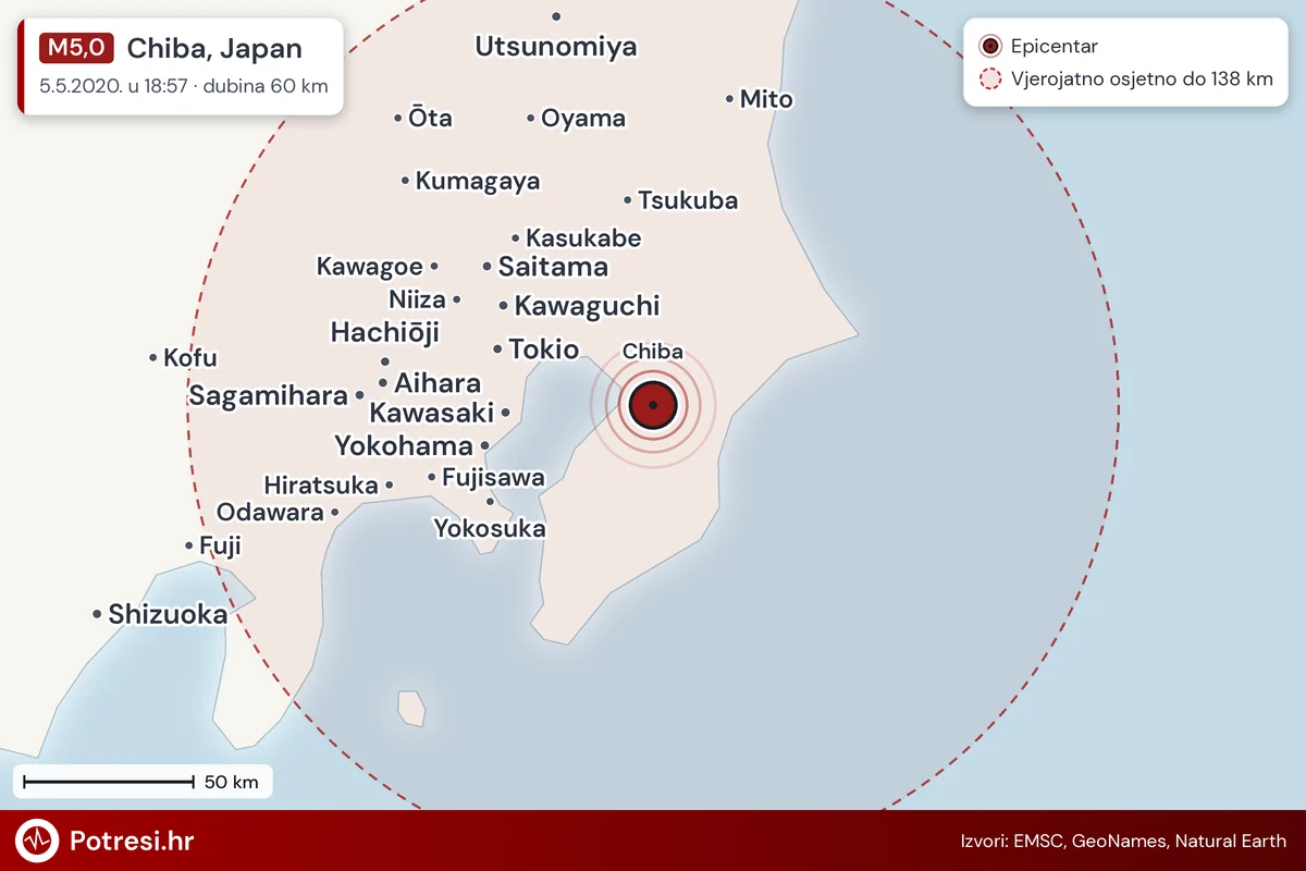 Karta: šire područje i vjerojatni doseg osjeta, potres M5,0, Chiba, Japan, 5.5.2020.