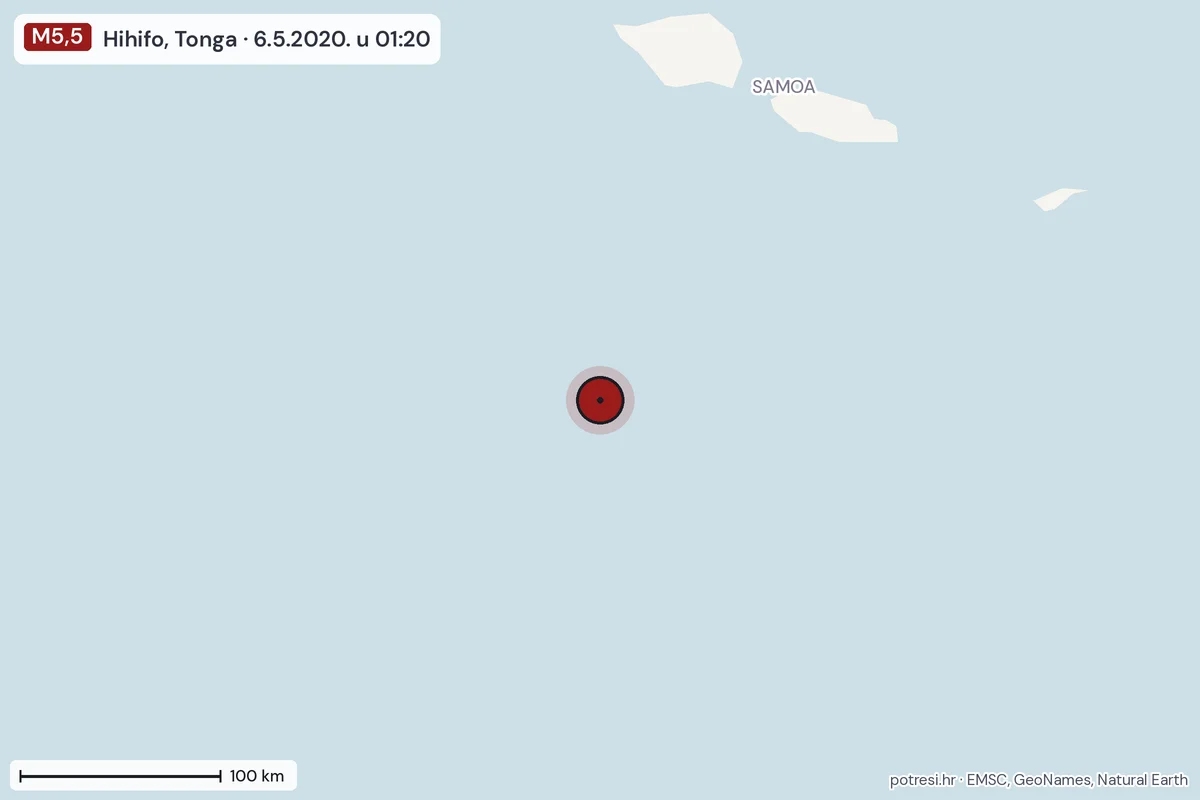 Karta: šire područje, 600 km, potres M5,5, Hihifo, Tonga, 6.5.2020.