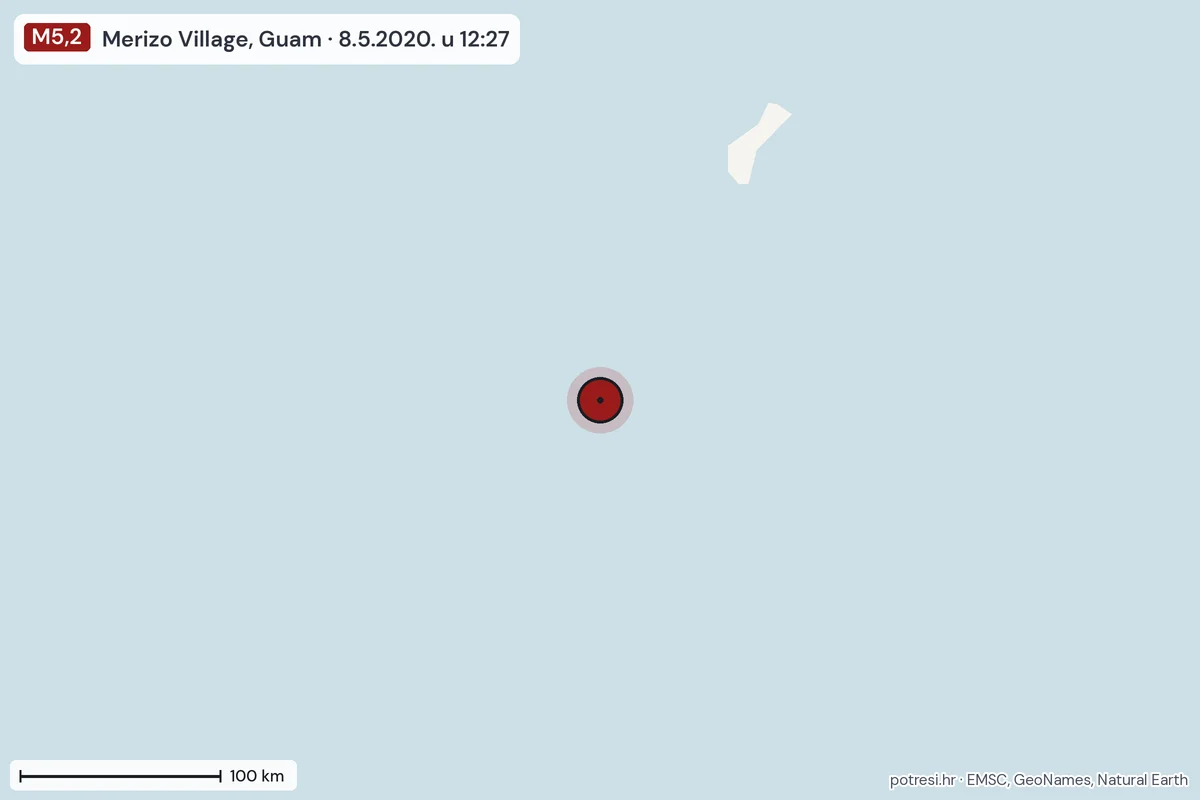 Karta: šire područje, 600 km, potres M5,2, Merizo Village, Guam, 8.5.2020.