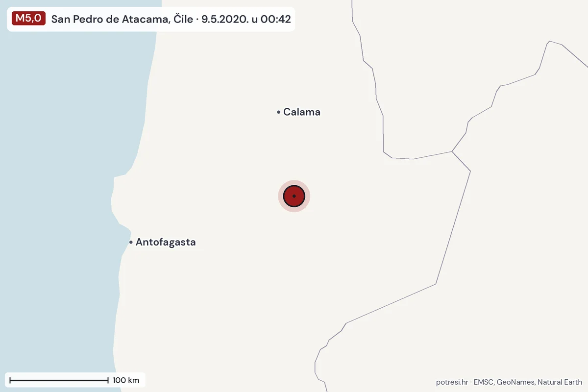 Karta: šire područje, 600 km, potres M5,0, San Pedro de Atacama, Čile, 9.5.2020.