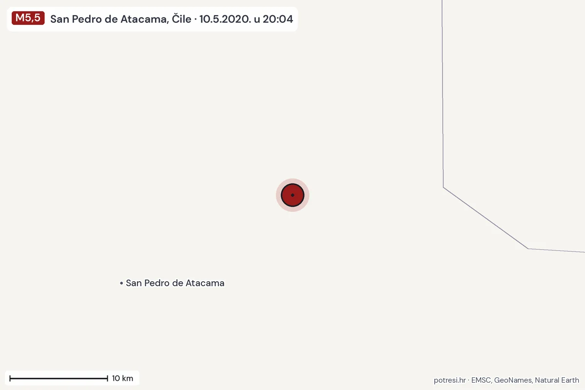 Karta: okolica epicentra, 60 km, potres M5,5, San Pedro de Atacama, Čile, 10.5.2020.