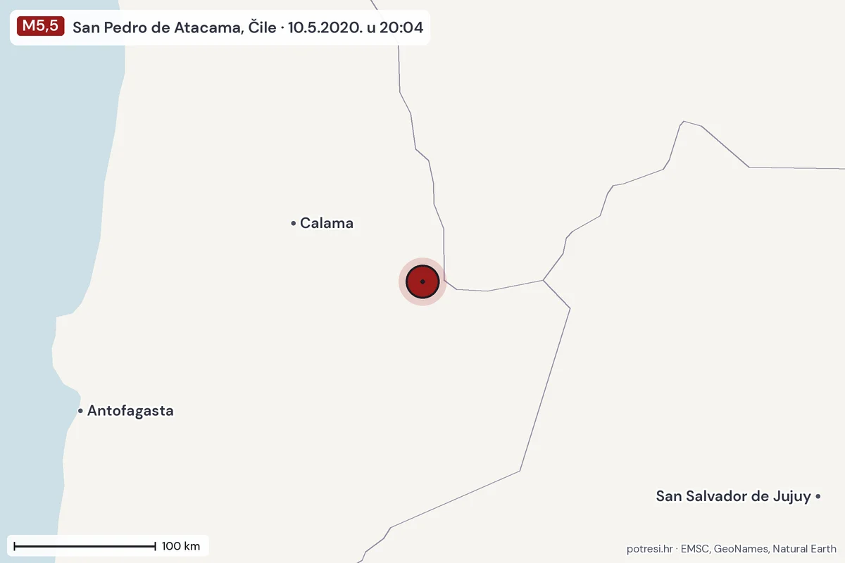 Karta: šire područje, 600 km, potres M5,5, San Pedro de Atacama, Čile, 10.5.2020.