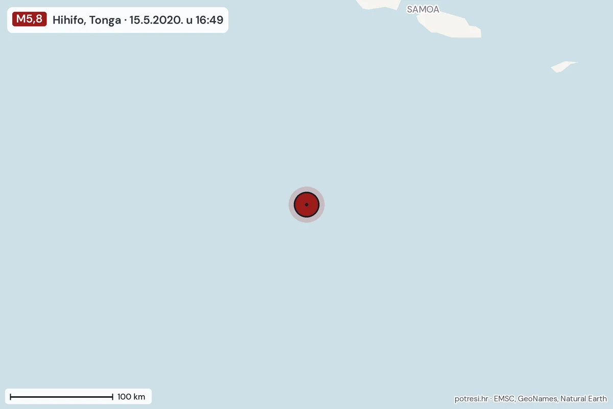 Karta: šire područje, 600 km, potres M5,8, Hihifo, Tonga, 15.5.2020.