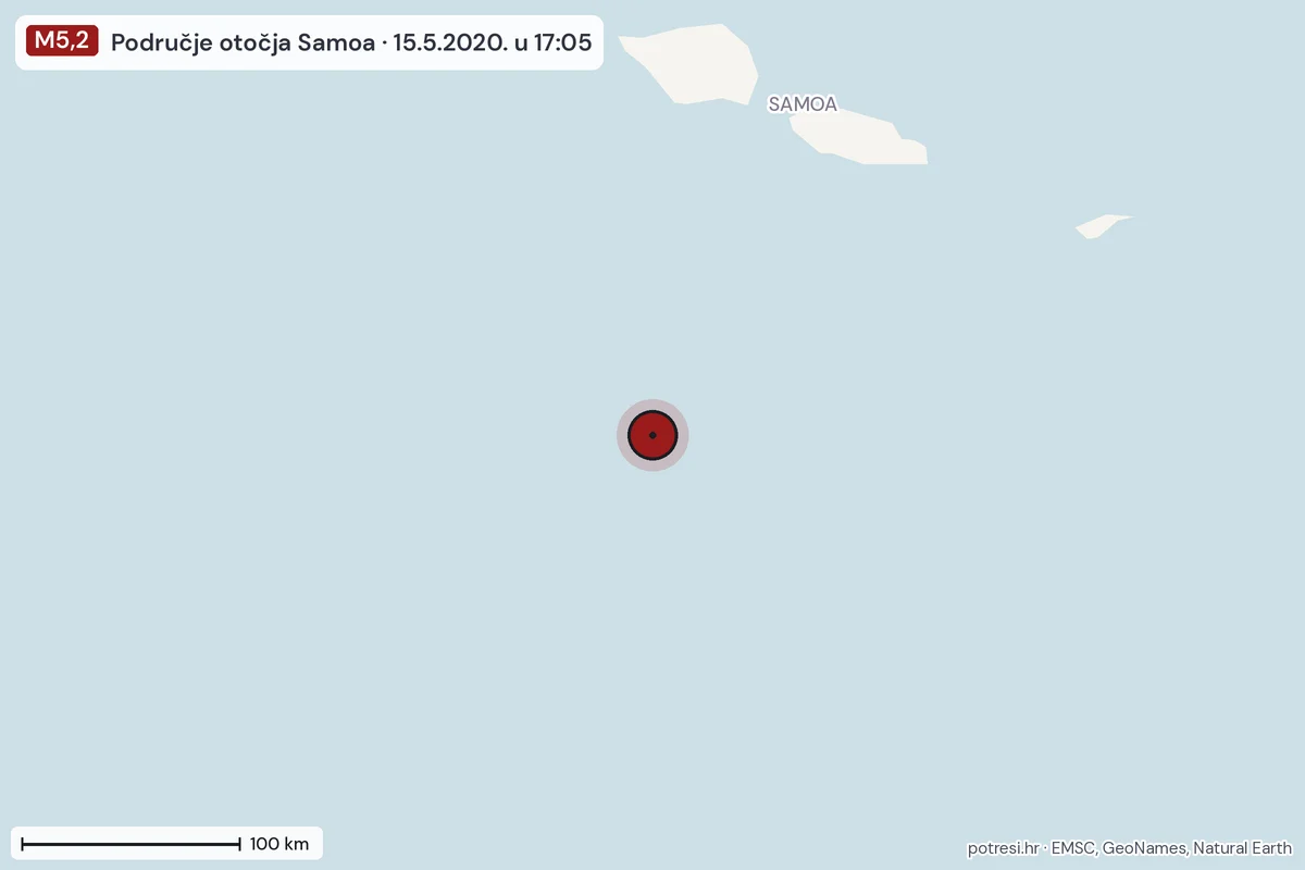 Karta: šire područje, 600 km, potres M5,2, Područje otočja Samoa, 15.5.2020.