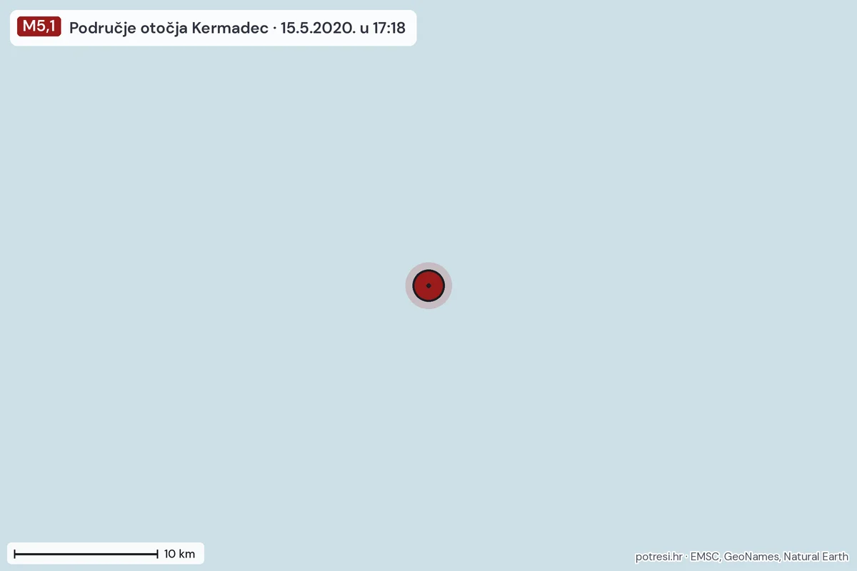 Karta: okolica epicentra, 60 km, potres M5,1, Područje otočja Kermadec, 15.5.2020.