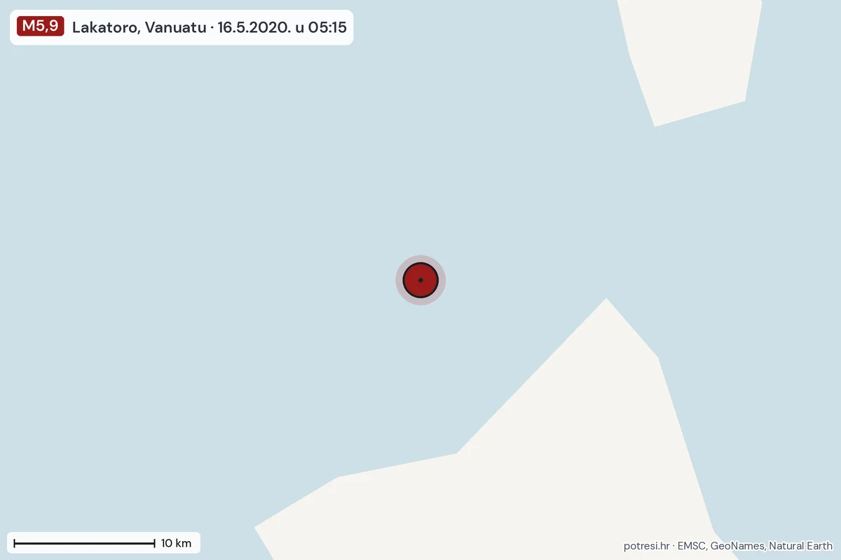 Karta: okolica epicentra, 60 km, potres M5,9, Lakatoro, Vanuatu, 16.5.2020.