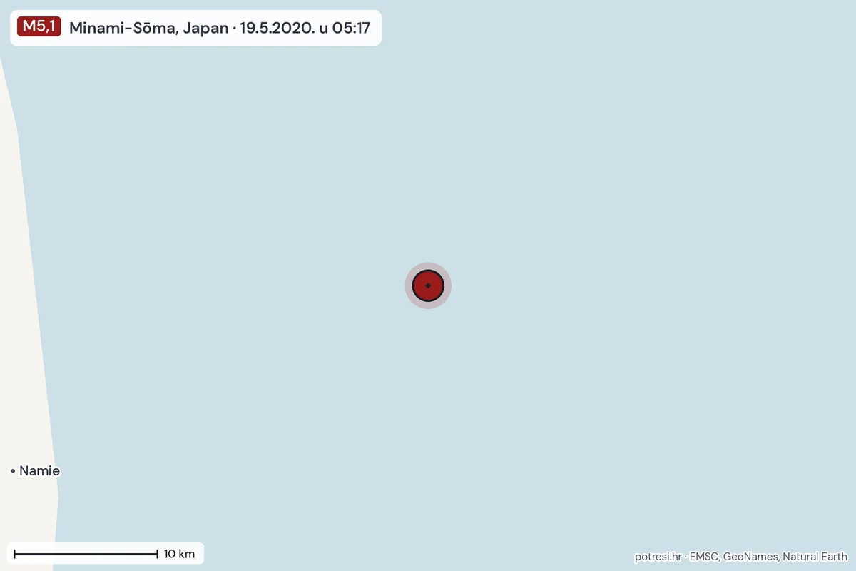 Karta: okolica epicentra, 60 km, potres M5,1, Minami-Sōma, Japan, 19.5.2020.
