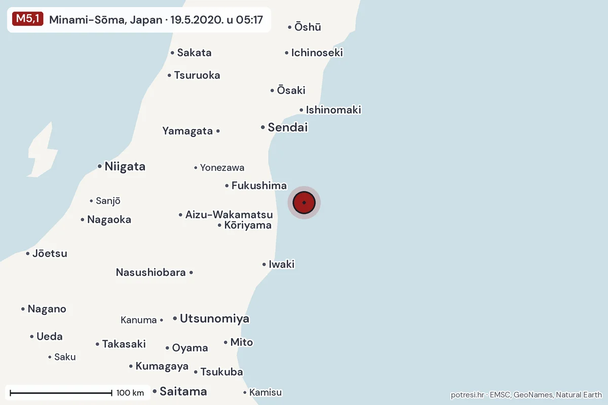 Karta: šire područje, 600 km, potres M5,1, Minami-Sōma, Japan, 19.5.2020.