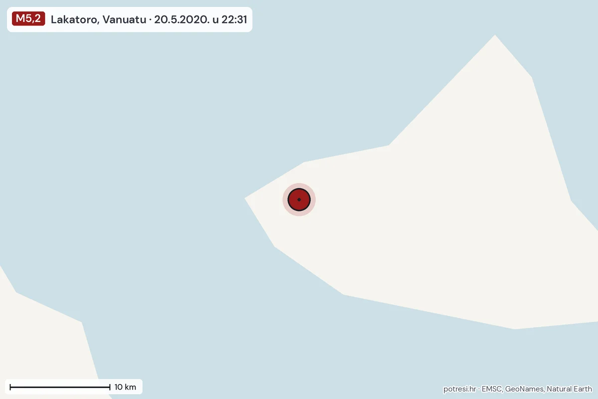 Karta: okolica epicentra, 60 km, potres M5,2, Lakatoro, Vanuatu, 20.5.2020.