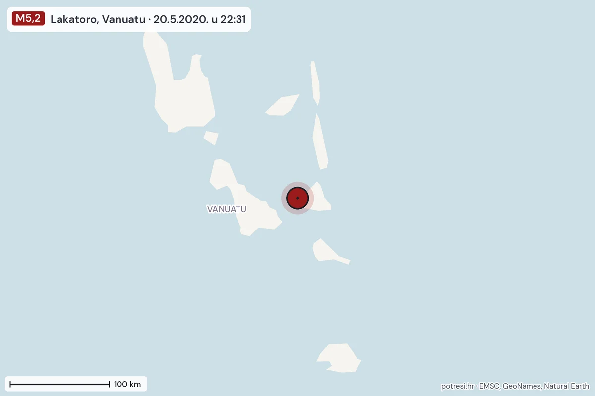 Karta: šire područje, 600 km, potres M5,2, Lakatoro, Vanuatu, 20.5.2020.