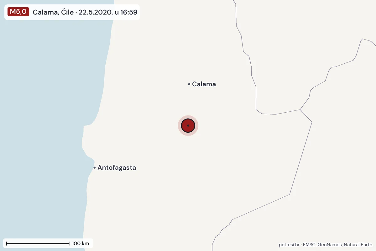 Karta: šire područje, 600 km, potres M5,0, Calama, Čile, 22.5.2020.