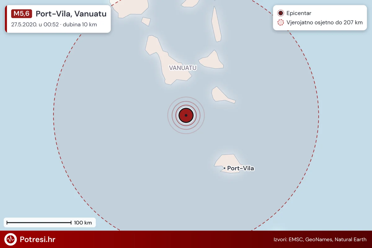 Karta: šire područje i vjerojatni doseg osjeta, potres M5,6, Port-Vila, Vanuatu, 27.5.2020.