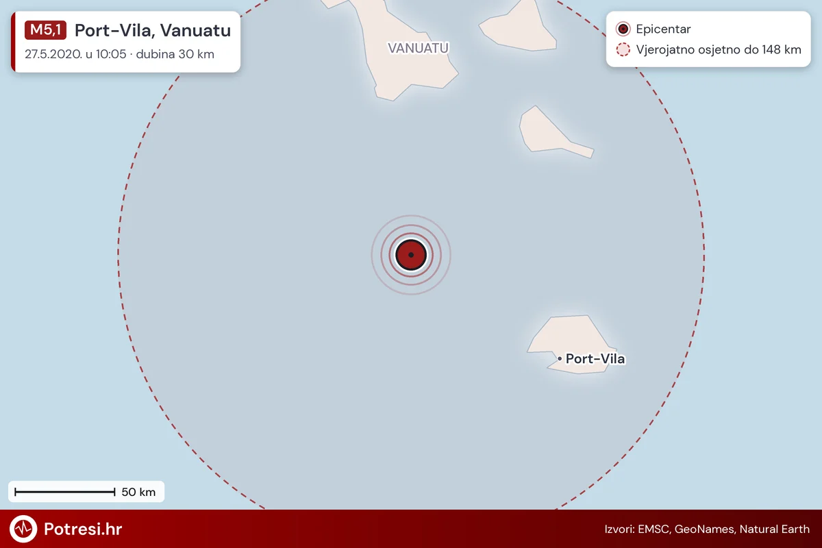 Karta: šire područje i vjerojatni doseg osjeta, potres M5,1, Port-Vila, Vanuatu, 27.5.2020.