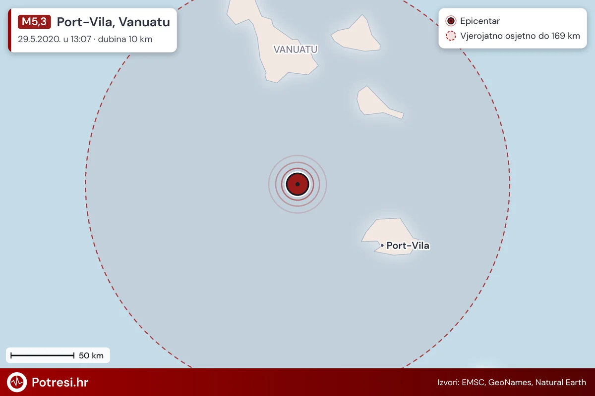 Karta: šire područje i vjerojatni doseg osjeta, potres M5,3, Port-Vila, Vanuatu, 29.5.2020.