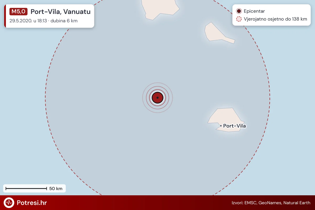 Karta: šire područje i vjerojatni doseg osjeta, potres M5,0, Port-Vila, Vanuatu, 29.5.2020.