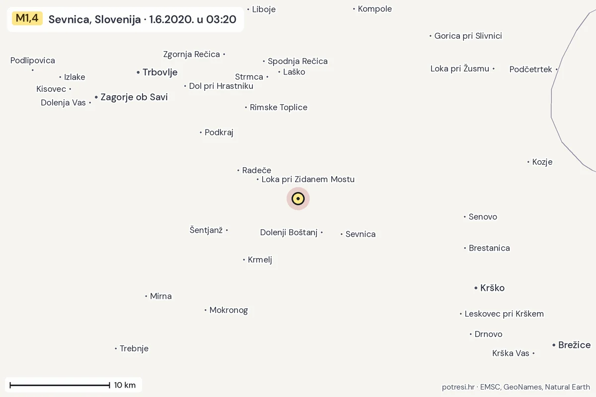 Karta: okolica epicentra, 60 km, potres M1,4, Sevnica, Slovenija, 1.6.2020.