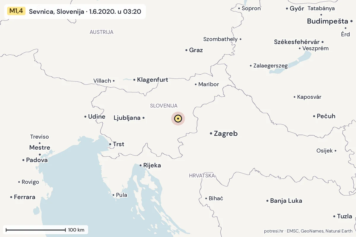 Karta: šire područje, 600 km, potres M1,4, Sevnica, Slovenija, 1.6.2020.