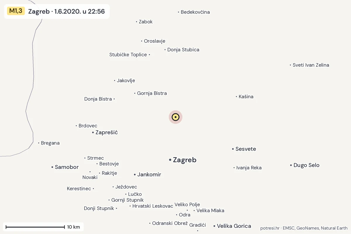Karta: okolica epicentra, 60 km, potres M1,3, Zagreb, 1.6.2020.