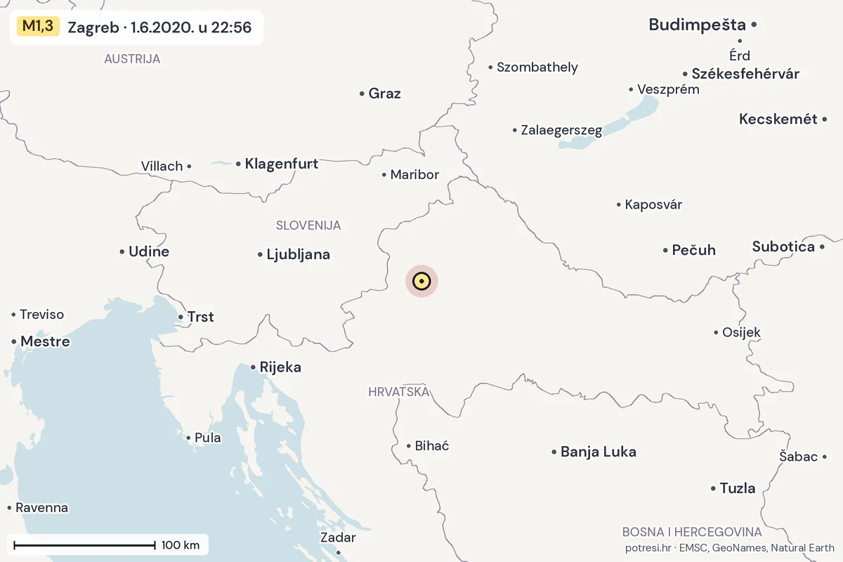 Karta: šire područje, 600 km, potres M1,3, Zagreb, 1.6.2020.