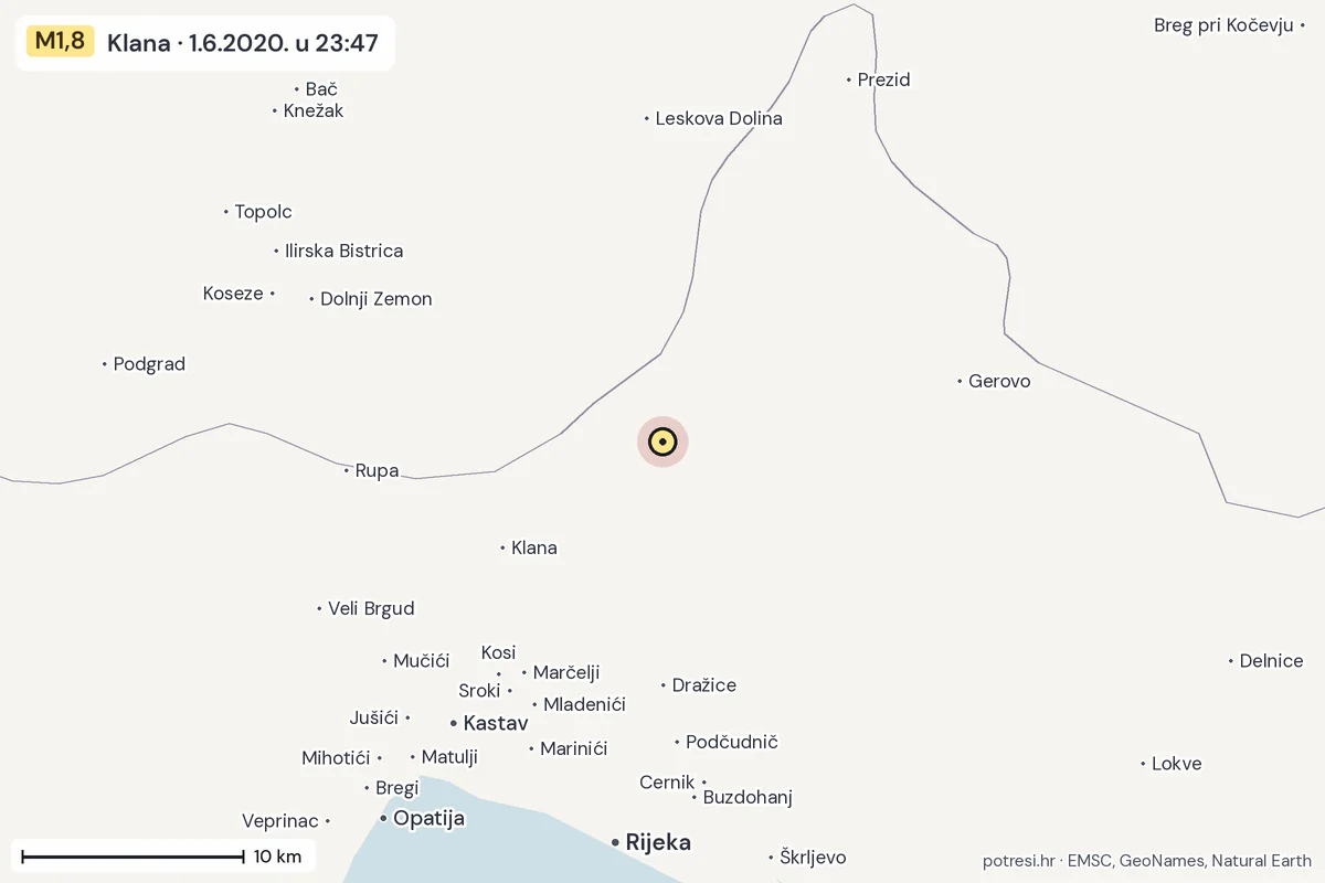 Karta: okolica epicentra, 60 km, potres M1,8, Klana, 1.6.2020.