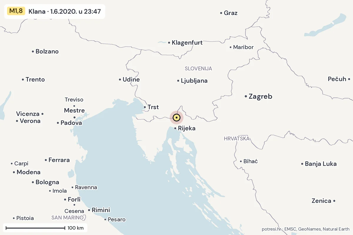 Karta: šire područje, 600 km, potres M1,8, Klana, 1.6.2020.
