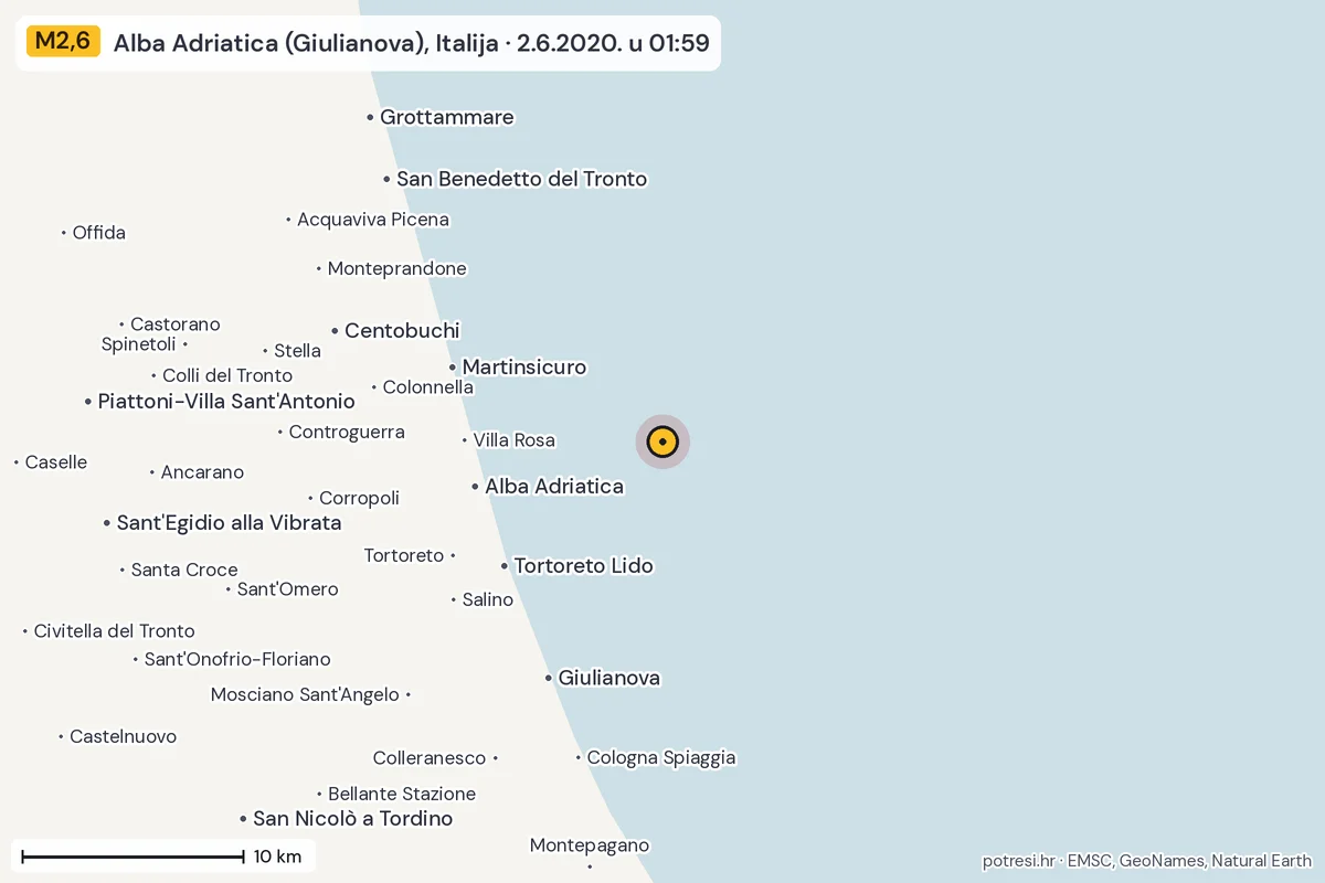 Karta: okolica epicentra, 60 km, potres M2,6, Alba Adriatica (Giulianova), Italija, 2.6.2020.