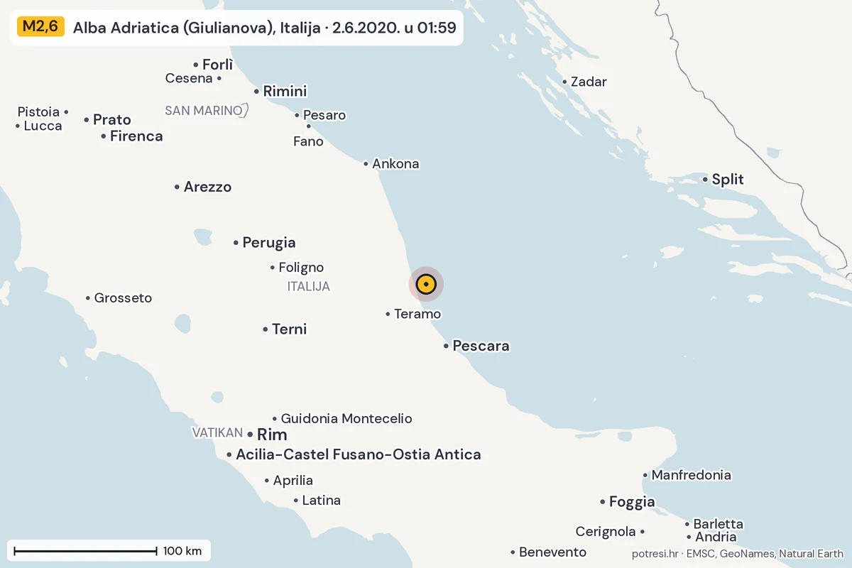 Karta: šire područje, 600 km, potres M2,6, Alba Adriatica (Giulianova), Italija, 2.6.2020.