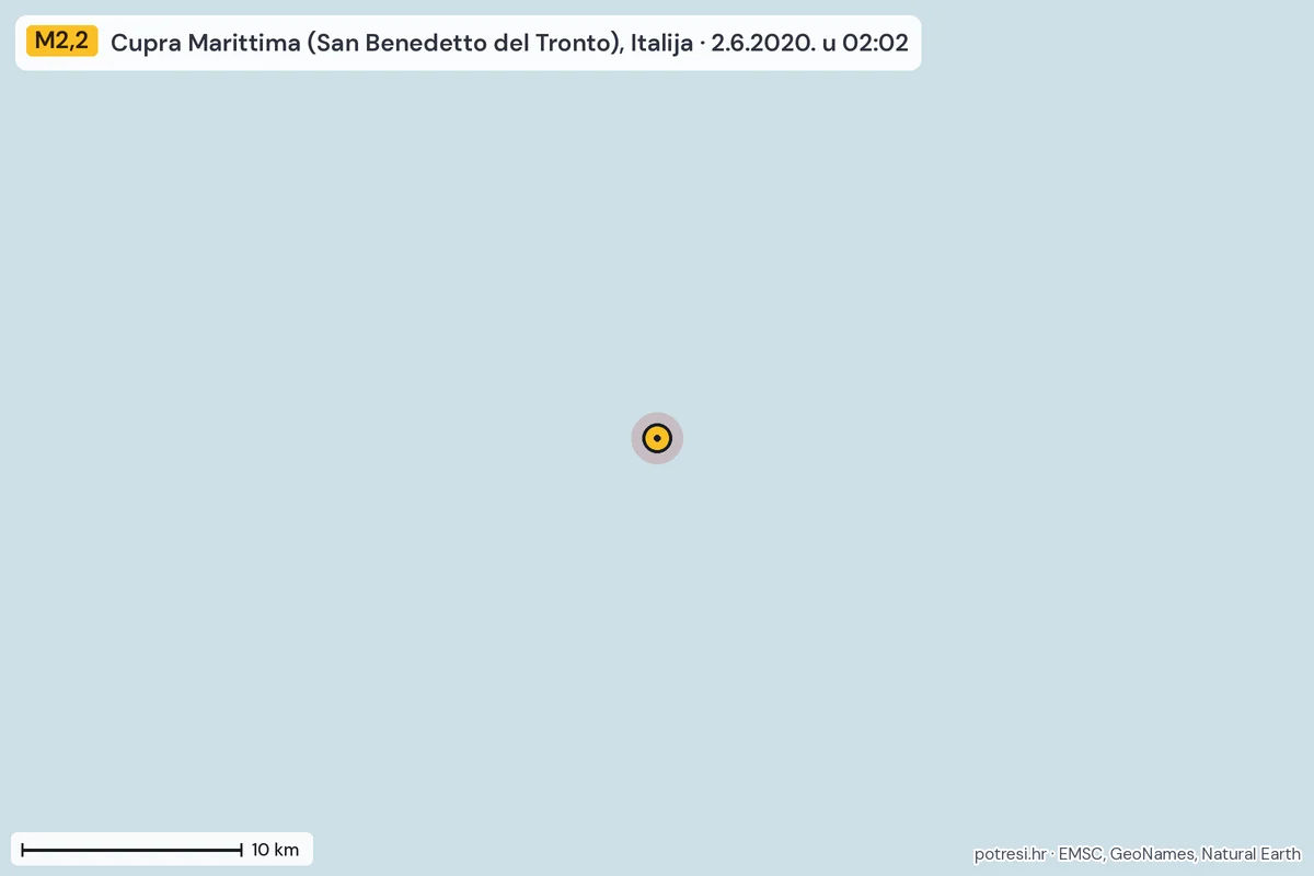 Karta: okolica epicentra, 60 km, potres M2,2, Cupra Marittima (San Benedetto del Tronto), Italija, 2.6.2020.