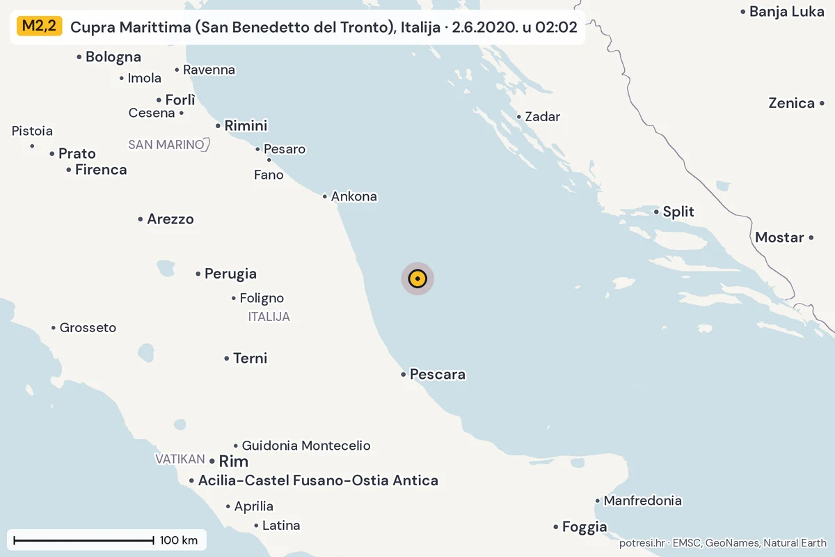 Karta: šire područje, 600 km, potres M2,2, Cupra Marittima (San Benedetto del Tronto), Italija, 2.6.2020.
