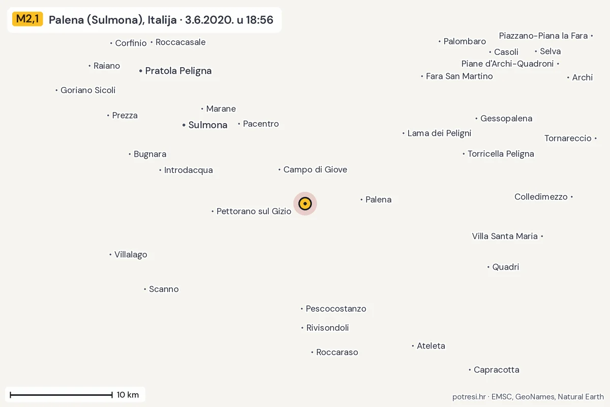 Karta: okolica epicentra, 60 km, potres M2,1, Palena (Sulmona), Italija, 3.6.2020.