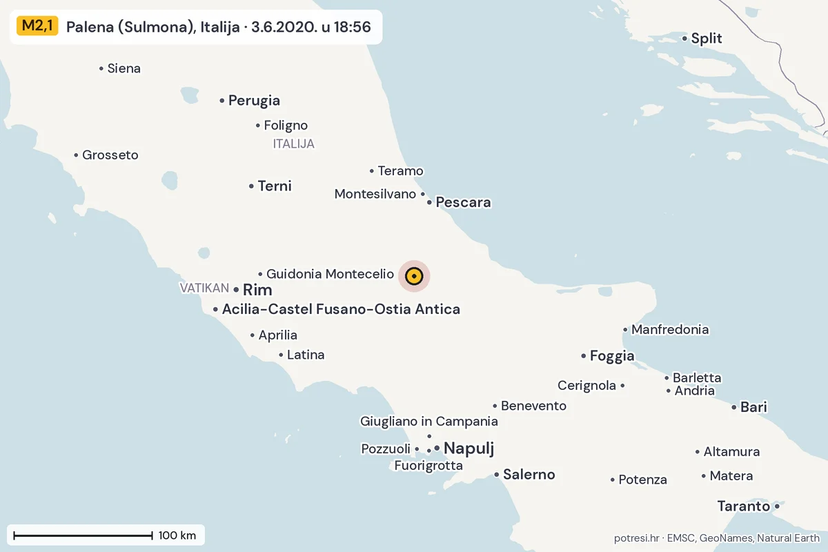 Karta: šire područje, 600 km, potres M2,1, Palena (Sulmona), Italija, 3.6.2020.