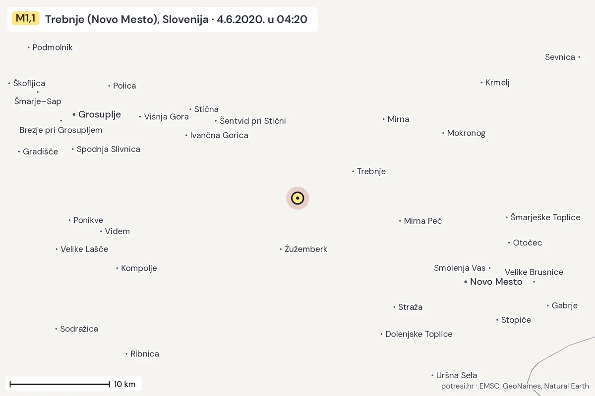 Karta: okolica epicentra, 60 km, potres M1,1, Trebnje (Novo Mesto), Slovenija, 4.6.2020.