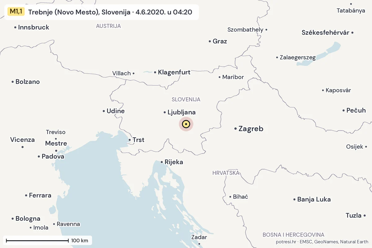 Karta: šire područje, 600 km, potres M1,1, Trebnje (Novo Mesto), Slovenija, 4.6.2020.