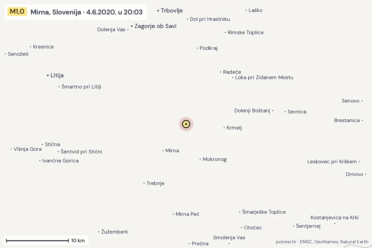 Karta: okolica epicentra, 60 km, potres M1,0, Mirna, Slovenija, 4.6.2020.