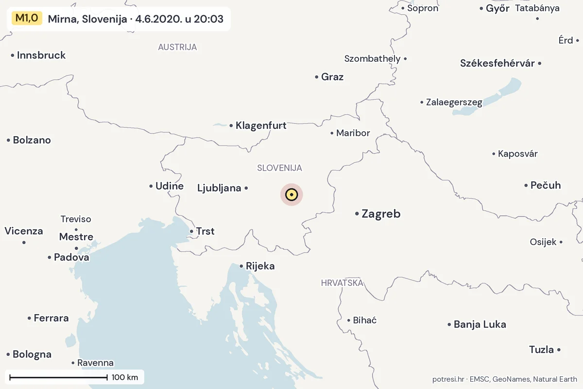 Karta: šire područje, 600 km, potres M1,0, Mirna, Slovenija, 4.6.2020.