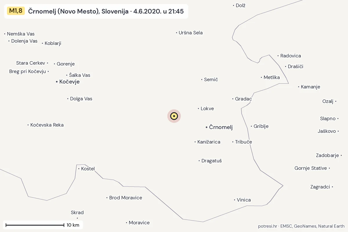 Karta: okolica epicentra, 60 km, potres M1,8, Črnomelj (Novo Mesto), Slovenija, 4.6.2020.